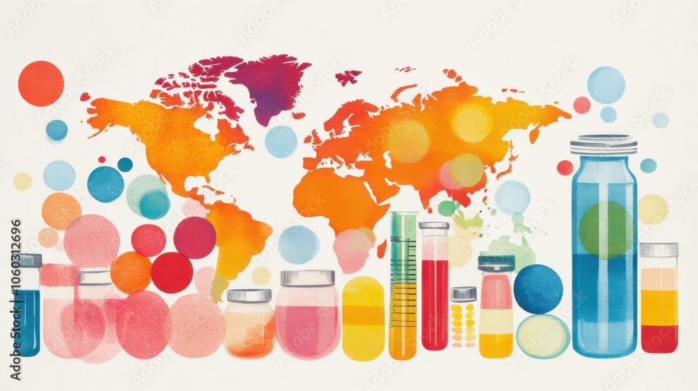 Poster colorful science concept with global map and laboratory items