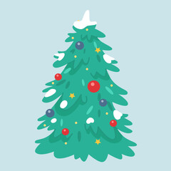 Decorated Christmas tree isolated on blue. New year celebration vector illustration. Beautiful fire with toys, glowing garland decoration on merry Xmas tree at holiday event.