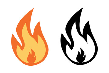 Fire flame icons. Red-orange and black-white silhouettes of fire. Abstract vector Illustrations isolated on transparent background.