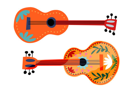 Mexican guitar with traditional flower ornament vector illustration isolated on transparent background. Hispanic bright wooden musical instrument with strings for melody playing.
