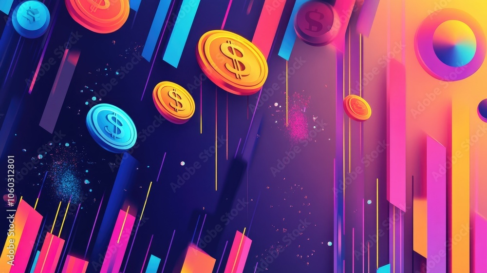 Poster abstract chart with colorful financial data and dollar coins, symbolizing profit growth and analysis