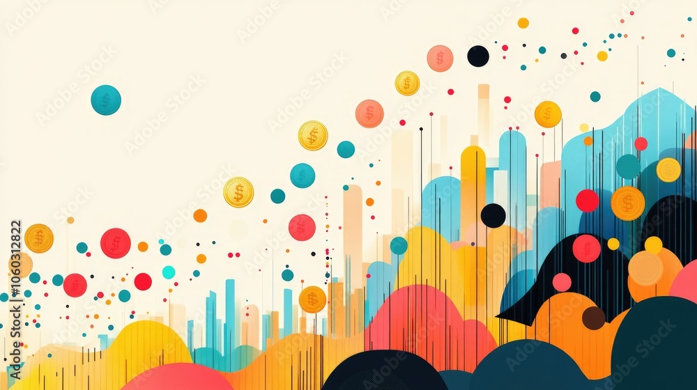 Poster abstract chart with colorful financial data and dollar coins, symbolizing profit growth and analysis