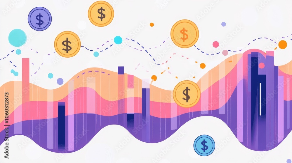 Poster abstract chart with colorful financial data and dollar coins, symbolizing profit growth and analysis