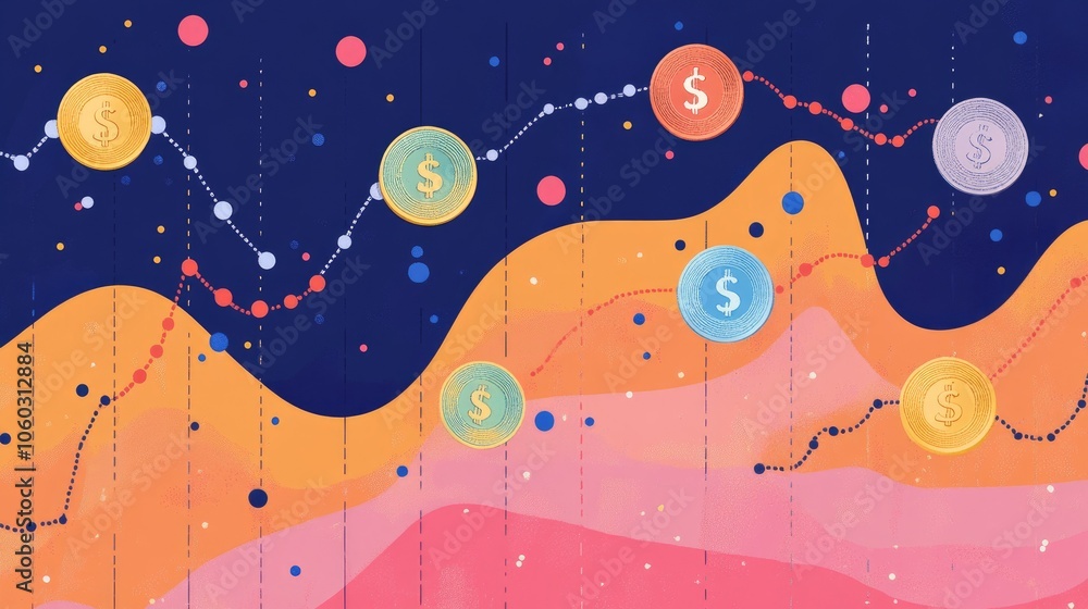 Poster abstract chart with colorful financial data and dollar coins, symbolizing profit growth and analysis