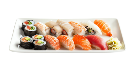 Sushi Platter: A colorful assortment of nigiri and maki sushi arranged on a white rectangular plate.  