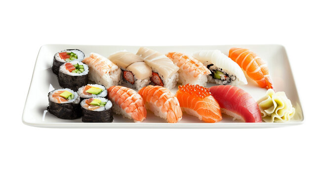 Sushi Platter: A colorful assortment of nigiri and maki sushi arranged on a white rectangular plate.  