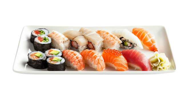 Sushi Platter: A colorful assortment of nigiri and maki sushi arranged on a white rectangular plate.  