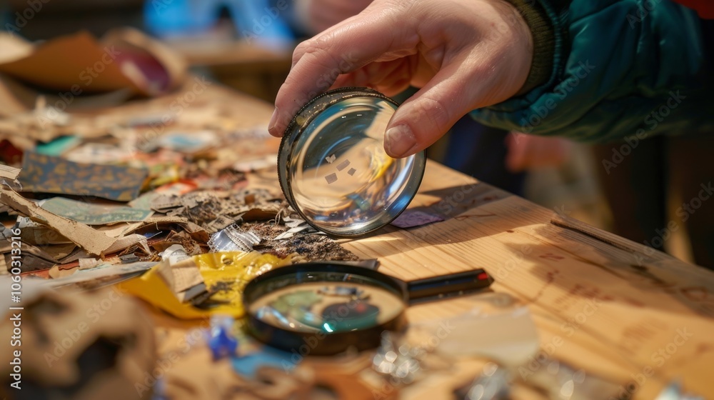 Poster a table with magnifying glasses allowing visitors to examine recycled materials up close and learn a