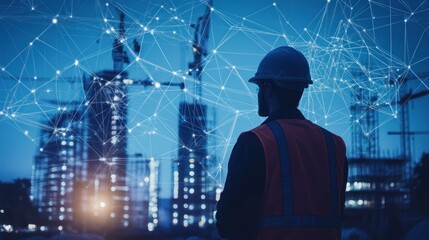 A construction worker stands against a backdrop of a cityscape with construction cranes and a network of interconnected dots representing technology and communication.