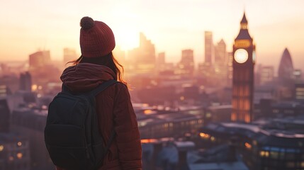 Young Woman Looking Over the City of London at Sunset