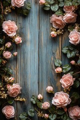 Elegant floral arrangement captivating pink roses framed by lush green foliage on rustic wooden background for stunning visual appeal