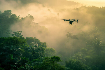 Naklejka premium Drone flying in the sky over nature during observation