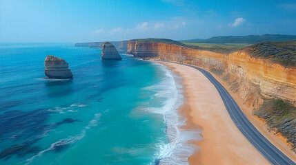 Fototapeta premium Coastal Landscape with Cliffside Road and Turquoise Water - Photo
