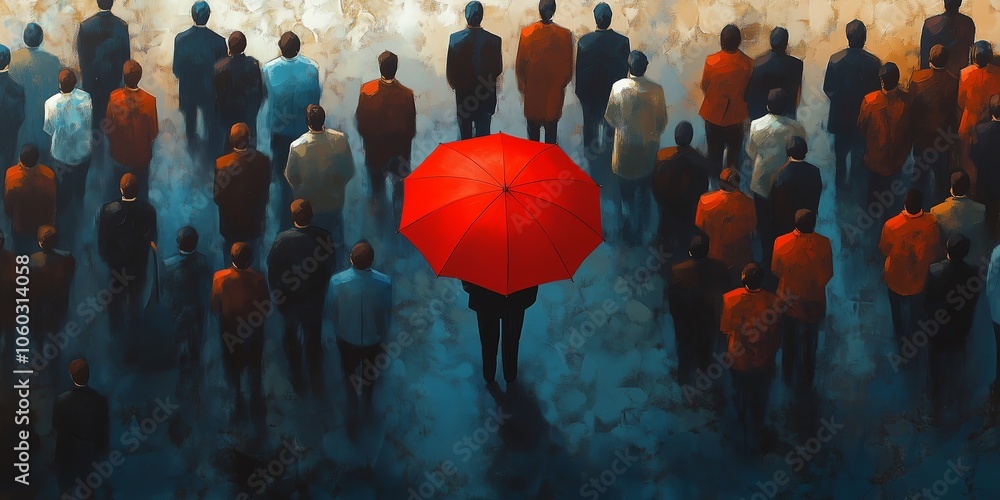 Poster red umbrella as a focal point amidst a crowd, surrounded by muted tones, symbolizing unity and conne