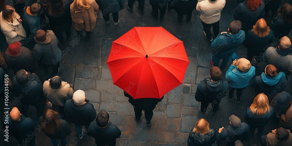 Poster red umbrella as a focal point amidst a crowd, surrounded by muted tones, symbolizing unity and conne