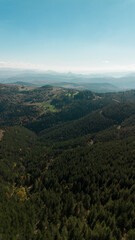 Beautiful view of green fields, small villages and mountain peaks. Multicolored green and yellow mixed forest of western Serbia in early autumn. Aerial view from a drone. Tornik Mountain.