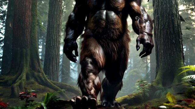 Bigfoot sighting, large hairy mythical ape creature walking through forest towards camera