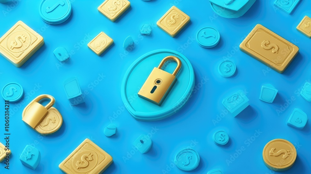 Poster bright lock and shield icons on blue, symbolizing secure money handling and finance safety.