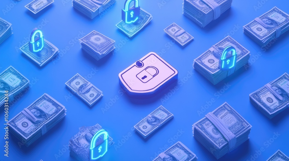 Poster bright lock and shield icons on blue, symbolizing secure money handling and finance safety.