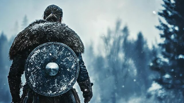 A warrior walks through a snowy forest, carrying a large shield and an axe