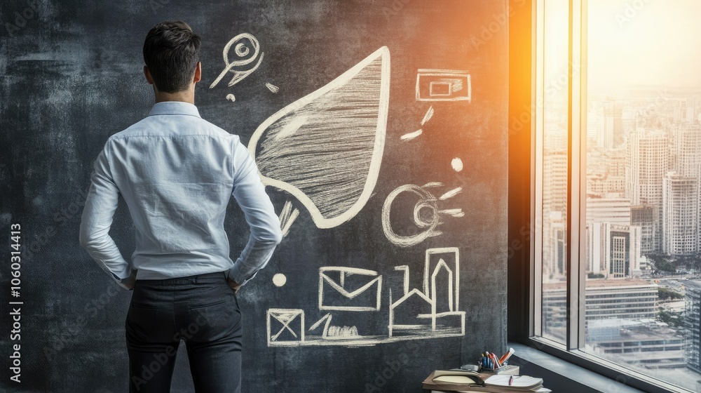 Poster businessman creating startup symbols on transparent board with city view, representing new ventures.