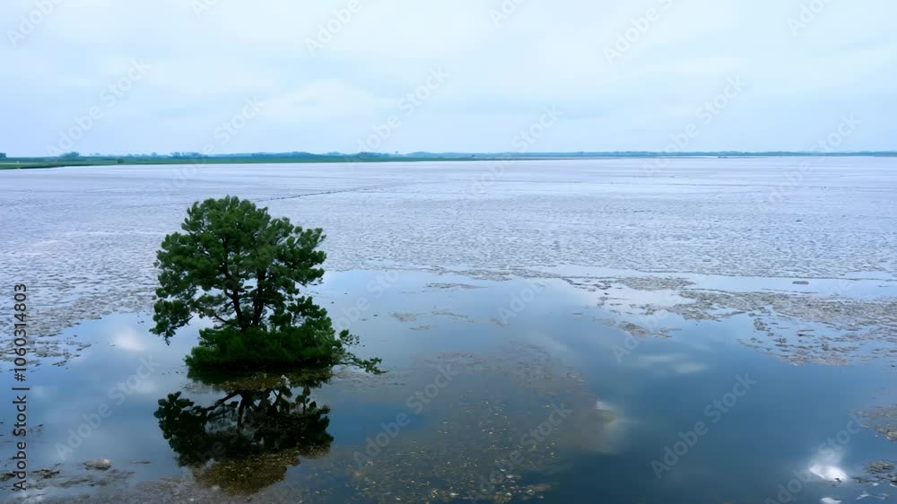 Poster camera orbiting a lone tree in a flooded salt lake. soft diffused light, glassy water reflects the t