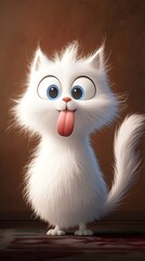 Fototapeta premium A cute white cat with blue eyes, tongue out and smiling
