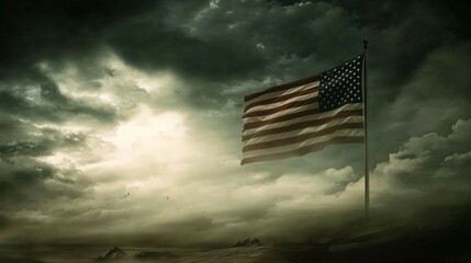 Large American flag glowing from backlight from the sun, against cloudy sky
