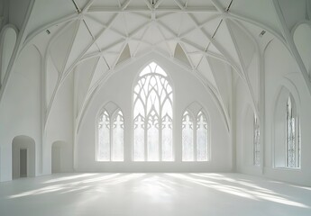 Fototapeta premium The interior of a Gothic-style building features a white color scheme. Large windows and arches allow ample daylight to fill the space. The floor and walls are also white,