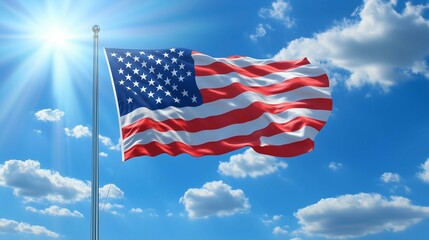 Naklejka premium Large American flag glowing from backlight from the sun, against cloudy sky 