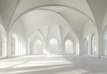 Naklejka premium The interior of a Gothic-style building features a white color scheme. Large windows and arches allow ample daylight to fill the space. The floor and walls are also white,