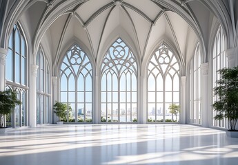 The interior of a Gothic-style building features a white color scheme. Large windows and arches allow ample daylight to fill the space. The floor and walls are also white,