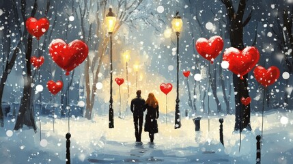 Obraz premium Couple strolling through snow-filled park surrounded by red heart balloons, cozy winter romance, Valentine Day scene.