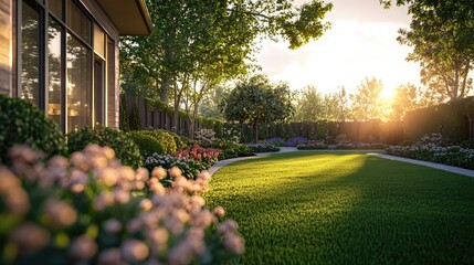 Crisp render of a beautiful private garden with a manicured lawn and flowerbed, including deciduous shrubs, illuminated by the soft, warm light of a sunset evening