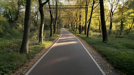 Obraz premium Tree-lined road through a forest with tall trees and autumn foliage on a sunny day.