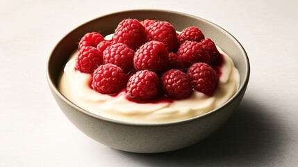 Bowl filled with creamy yogurt topped with fresh red raspberries on a light neutral background