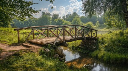 Beautiful old wooden bridge over a small river on summer day © Abubakar