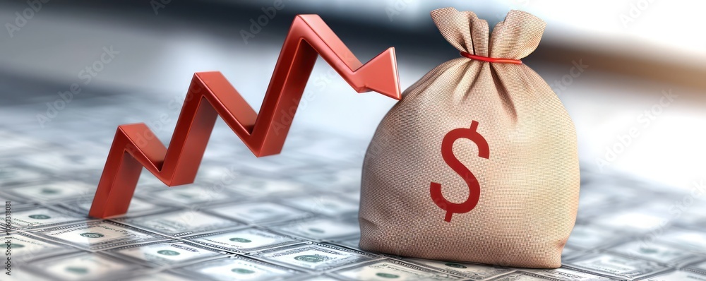 Poster detailed 3d visualization of a profit graph with an up arrow and bag symbol.