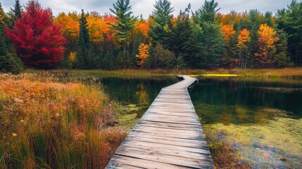 Beautiful landscape day view at Canadian Ontario Kettles lake in Midland with wooden path way to forest. Canada forest nature. Autumn fall scene with green