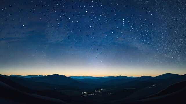 A beautiful night sky with a dark mountain range in the foreground and a starry sky. Seamless looping video background animation. Generated with AI
