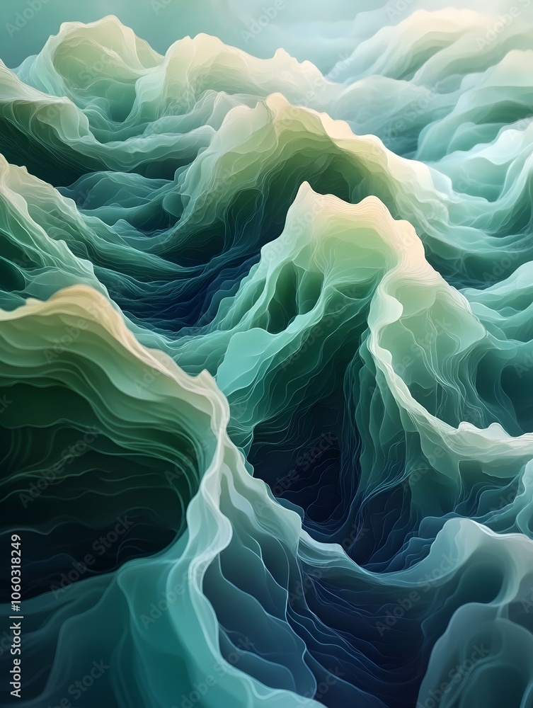 Poster a visually stunning abstract representation of ocean waves, featuring layers of teal and aqua hues t