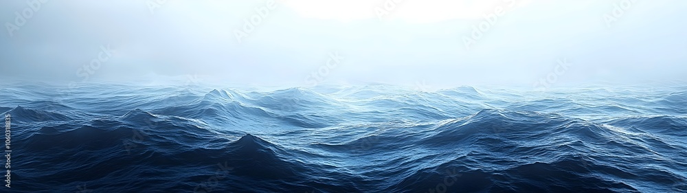 Poster a serene view of vast ocean waves in varying shades of blue, reflecting the calm atmosphere and soft
