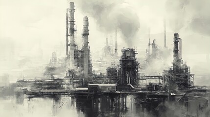 Monochromatic Industrial Landscape Poster: Towering Smokestacks and Complex Pipelines Capturing the Essence of a Bustling Factory District for Modern Decor