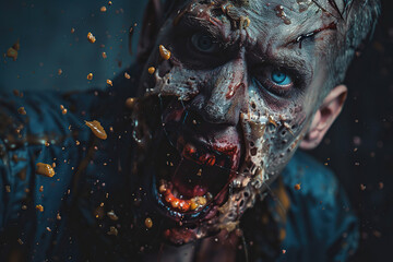 Scary sinister zombie wandering in street with lighting on Halloween