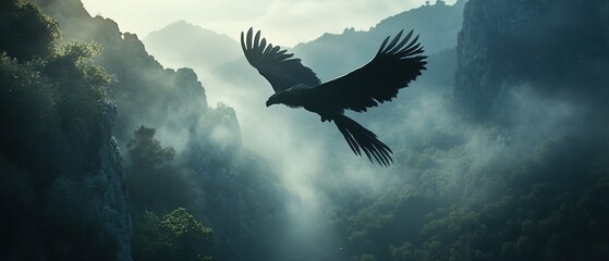 Fototapeta premium A majestic eagle soars over a misty forest at dawn, showcasing its impressive wingspan against the peaceful landscape