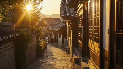 Obraz premium Traditional houses in Bukchon Hanok Village at sunset, showcasing beautiful architecture and serene atmosphere. warm sunlight enhances charm of cobblestone path
