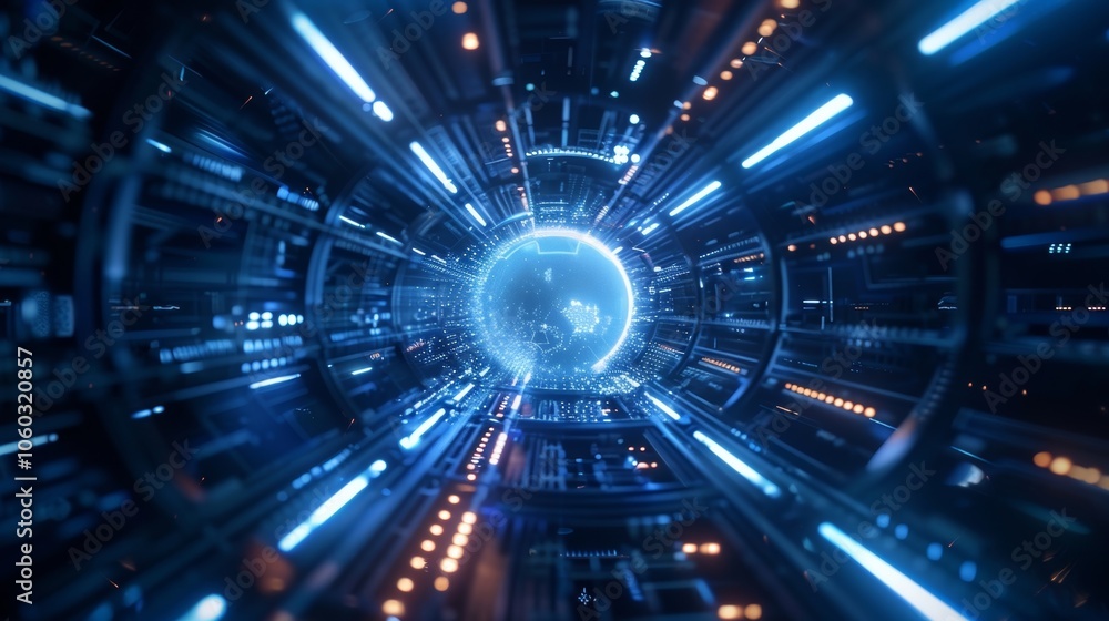 Poster futuristic tunnel with glowing lights and data streams leads to a holographic projection of planet e