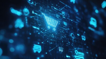 Glowing blue hologram featuring shopping cart and e-commerce icons, highlighting digital commerce.