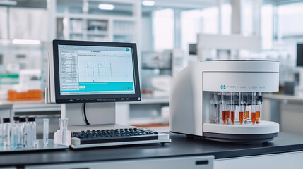 Fototapeta premium High-Tech Laboratory Centrifuge with Data Analysis Screen in Action, Showcasing Precision of Automated Sample Processing in Clinical Research Environment