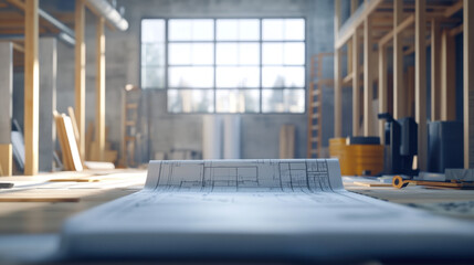 A bright workshop featuring architectural plans on a table, with wooden beams and large windows creating a spacious atmosphere.